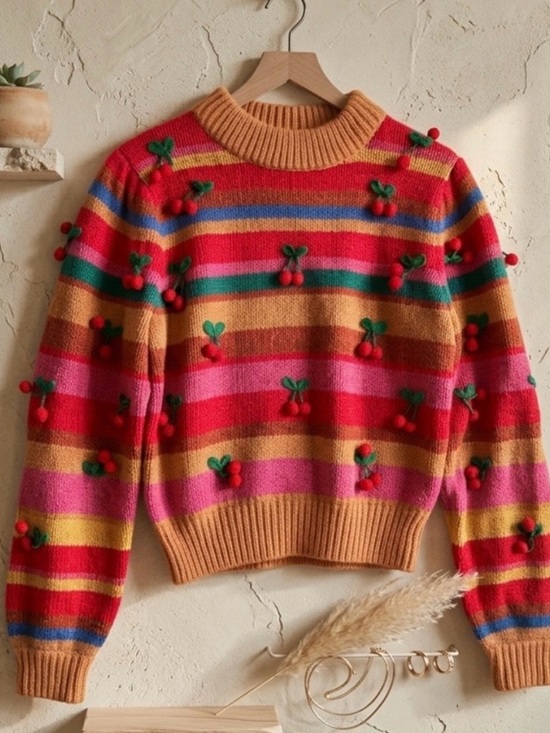 Farm Rio Colorful Stripe 3D Cherry Crochet Wool Blend Sweater NWT Small - Picture 3 of 16